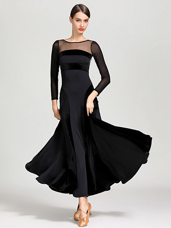 ブラック 社交ダンス衣装 ブラック レディース セクシー 透明 ジュエルネック ポリエステルドレス レイヤードダンスドレス