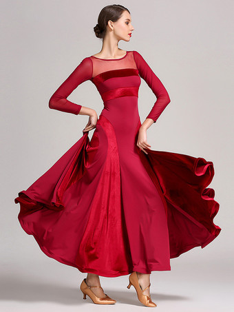 ワインレッド 社交ダンス衣装 ブラック レディース セクシー 透明 ジュエルネック ポリエステルドレス レイヤードダンスドレス