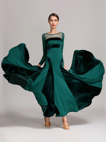 ダークグリーン社交ダンス衣装 ブラック レディース セクシー 透明 ジュエルネック ポリエステルドレス レイヤードダンスドレス