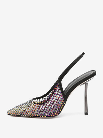 ブラックゴールドハイヒールパンプス レディース ポインテッドトゥ メッシュ ラインストーン スリングバック パーティーシューズ