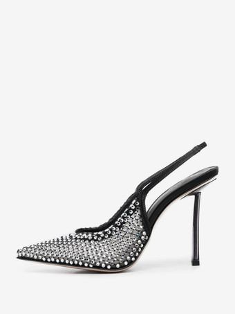 ブラック ハイヒールパンプス レディース ポインテッドトゥ メッシュ ラインストーン スリングバック パーティーシューズ