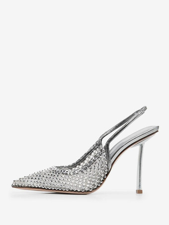 シルバー ハイヒールパンプス レディース ポインテッドトゥ メッシュ ラインストーン スリングバック パーティーシューズ