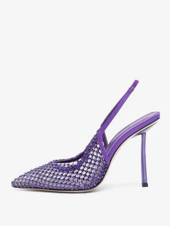 パープル ハイヒールパンプス レディース ポインテッドトゥ メッシュ ラインストーン スリングバック パーティーシューズ