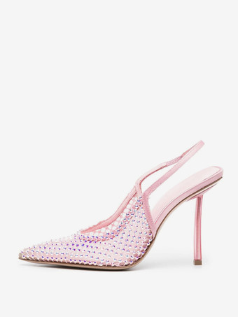 ピンクハイヒールパンプス レディース ポインテッドトゥ メッシュ ラインストーン スリングバック パーティーシューズ
