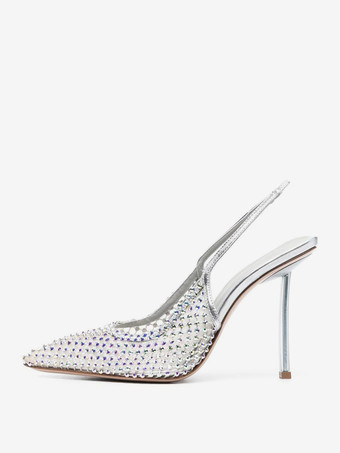 ホワイト ハイヒールパンプス レディース ポインテッドトゥ メッシュ ラインストーン スリングバック パーティーシューズ