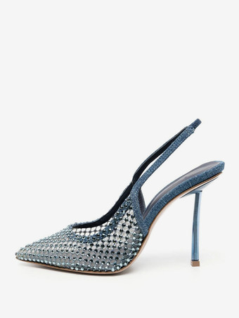ディープブルーハイヒールパンプス レディース ポインテッドトゥ メッシュ ラインストーン スリングバック パーティーシューズ