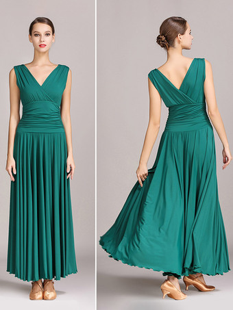 社交ダンス衣装 ブラック レディース エレガント Vネック ポリエステルドレス プリーツレイヤードダンスドレス