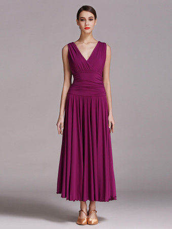 パープル 社交ダンス衣装 ブラック レディース エレガント Vネック ポリエステルドレス プリーツレイヤードダンスドレス