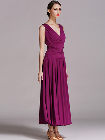 社交ダンス衣装 ブラック レディース エレガント Vネック ポリエステルドレス プリーツレイヤードダンスドレス