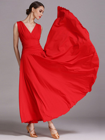 レッド 社交ダンス衣装 ブラック レディース エレガント Vネック ポリエステルドレス プリーツレイヤードダンスドレス