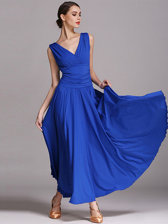 ブルー 社交ダンス衣装 ブラック レディース エレガント Vネック ポリエステルドレス プリーツレイヤードダンスドレス