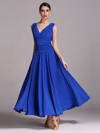 社交ダンス衣装 ブラック レディース エレガント Vネック ポリエステルドレス プリーツレイヤードダンスドレス