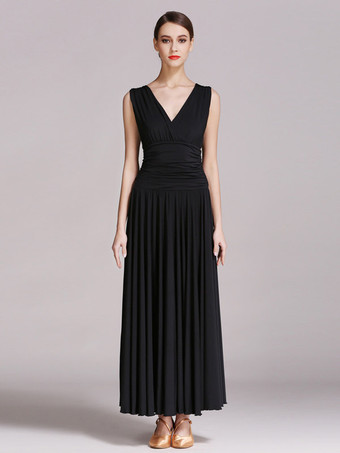 ブラック 社交ダンス衣装 ブラック レディース エレガント Vネック ポリエステルドレス プリーツレイヤードダンスドレス