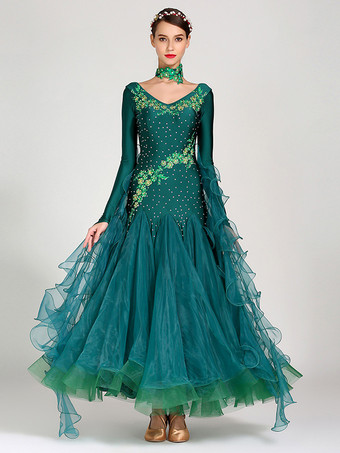 ダークグリーン社交ダンス衣装 ブルー レディース エレガント Vネック ポリエステルドレス フリル 花 レイヤード ダンスウェア