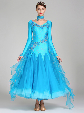 ライトスカイブルー社交ダンス衣装 ブルー レディース エレガント Vネック ポリエステルドレス フリル 花 レイヤード ダンスウェア