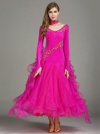 ローズレッド社交ダンス衣装 ブルー レディース エレガント Vネック ポリエステルドレス フリル 花 レイヤード ダンスウェア