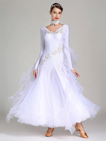 ホワイト 社交ダンス衣装 ブルー レディース エレガント Vネック ポリエステルドレス フリル 花 レイヤード ダンスウェア
