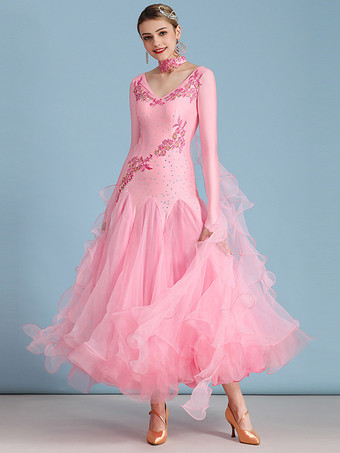 ピンク社交ダンス衣装 ブルー レディース エレガント Vネック ポリエステルドレス フリル 花 レイヤード ダンスウェア