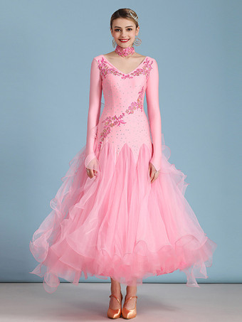 社交ダンス衣装 ブルー レディース エレガント Vネック ポリエステルドレス フリル 花 レイヤード ダンスウェア