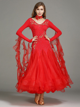 レッド 社交ダンス衣装 ブルー レディース エレガント Vネック ポリエステルドレス フリル 花 レイヤード ダンスウェア