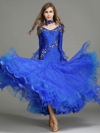 ブルー 社交ダンス衣装 ブルー レディース エレガント Vネック ポリエステルドレス フリル 花 レイヤード ダンスウェア