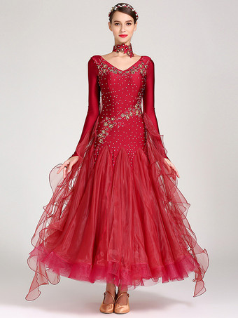 ワインレッド 社交ダンス衣装 ブルー レディース エレガント Vネック ポリエステルドレス フリル 花 レイヤード ダンスウェア