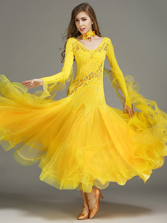 イエロー社交ダンス衣装 ブルー レディース エレガント Vネック ポリエステルドレス フリル 花 レイヤード ダンスウェア