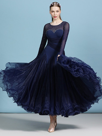 ダークネイビー社交ダンス衣装 ダークネイビー レディース エレガント 透明 ジュエルネック ポリエステルドレス スパンコール フリル レイヤード ダンスドレス