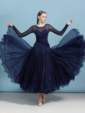 社交ダンス衣装 ダークネイビー レディース エレガント 透明 ジュエルネック ポリエステルドレス スパンコール フリル レイヤード ダンスドレス