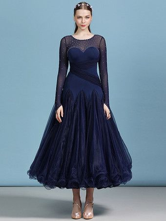 社交ダンス衣装 ダークネイビー レディース エレガント 透明 ジュエルネック ポリエステルドレス スパンコール フリル レイヤード ダンスドレス