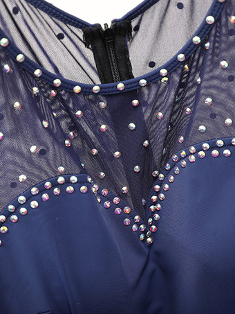 社交ダンス衣装 ダークネイビー レディース エレガント 透明 ジュエルネック ポリエステルドレス スパンコール フリル レイヤード ダンスドレス