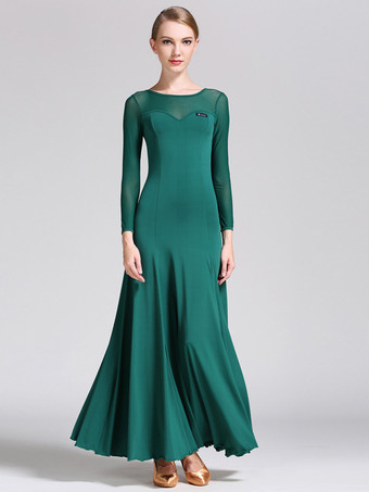 ダークグリーン社交ダンス衣装 ブラック レディース エレガント 透明 ジュエルネック ポリエステル ドレス ダンスウェア