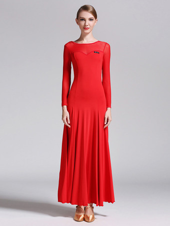 レッド 社交ダンス衣装 ブラック レディース エレガント 透明 ジュエルネック ポリエステル ドレス ダンスウェア