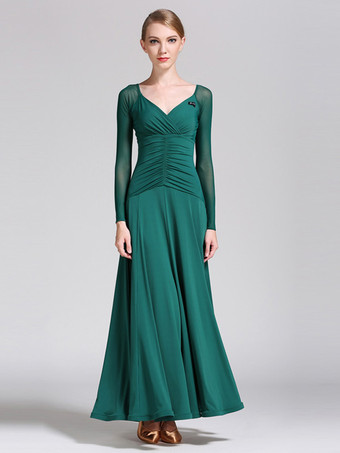 ダークグリーン社交ダンス衣装 ロイヤルブルー レディース エレガント Vネック ポリエステルドレス プリーツ プリーツダンスウェア