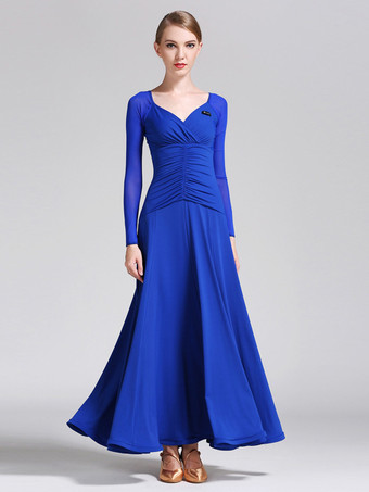 ロイヤルブルー社交ダンス衣装 ロイヤルブルー レディース エレガント Vネック ポリエステルドレス プリーツ プリーツダンスウェア