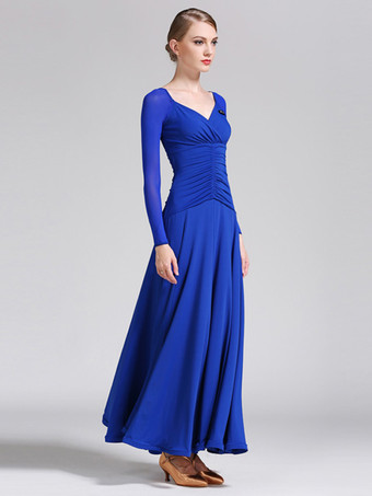 社交ダンス衣装 ロイヤルブルー レディース エレガント Vネック ポリエステルドレス プリーツ プリーツダンスウェア