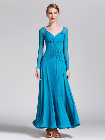 ライトスカイブルー社交ダンス衣装 ロイヤルブルー レディース エレガント Vネック ポリエステルドレス プリーツ プリーツダンスウェア