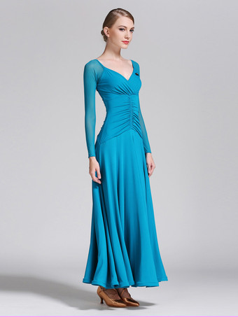 社交ダンス衣装 ロイヤルブルー レディース エレガント Vネック ポリエステルドレス プリーツ プリーツダンスウェア