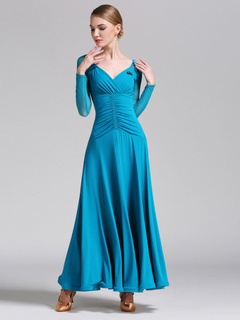 社交ダンス衣装 ロイヤルブルー レディース エレガント Vネック ポリエステルドレス プリーツ プリーツダンスウェア