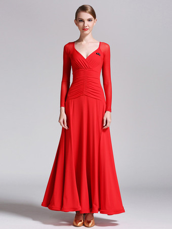 レッド 社交ダンス衣装 ロイヤルブルー レディース エレガント Vネック ポリエステルドレス プリーツ プリーツダンスウェア