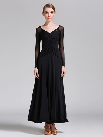 ブラック 社交ダンス衣装 ロイヤルブルー レディース エレガント Vネック ポリエステルドレス プリーツ プリーツダンスウェア