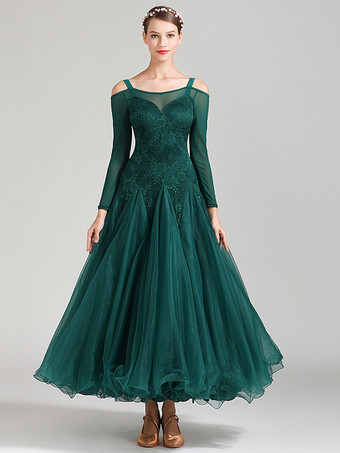 社交ダンス衣装 ダークグリーン レディース エレガント ポリエステル レース バトーネック レース フリル ドレス ダンスドレス