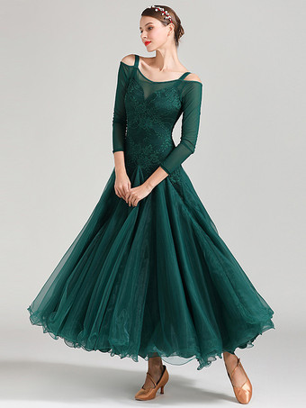社交ダンス衣装 ダークグリーン レディース エレガント ポリエステル レース バトーネック レース フリル ドレス ダンスドレス