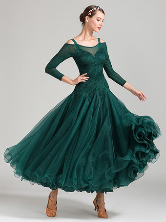 社交ダンス衣装 ダークグリーン レディース エレガント ポリエステル レース バトーネック レース フリル ドレス ダンスドレス