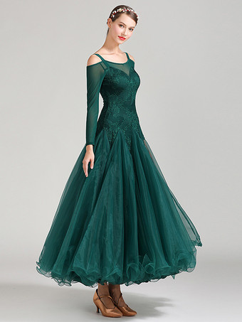 社交ダンス衣装 ダークグリーン レディース エレガント ポリエステル レース バトーネック レース フリル ドレス ダンスドレス