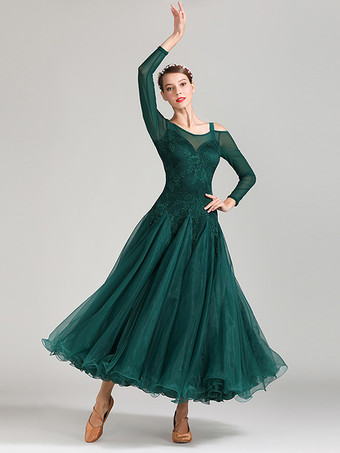 社交ダンス衣装 ダークグリーン レディース エレガント ポリエステル レース バトーネック レース フリル ドレス ダンスドレス