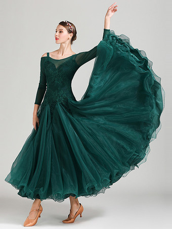 社交ダンス衣装 ダークグリーン レディース エレガント ポリエステル レース バトーネック レース フリル ドレス ダンスドレス
