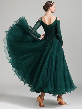 社交ダンス衣装 ダークグリーン レディース エレガント ポリエステル レース バトーネック レース フリル ドレス ダンスドレス