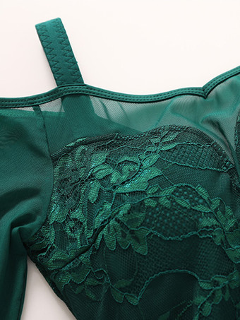 社交ダンス衣装 ダークグリーン レディース エレガント ポリエステル レース バトーネック レース フリル ドレス ダンスドレス