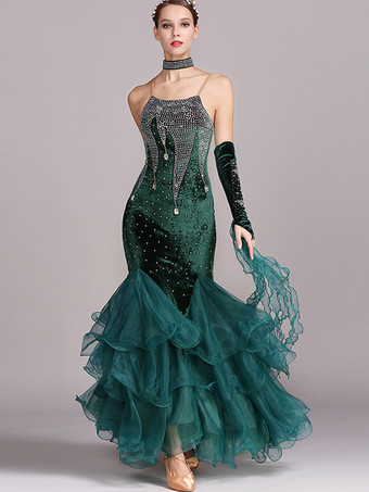 ダークグリーン社交ダンス衣装 バーガンディ レディース セクシー ストラップ ネック ポリエステル ドレス レース ラインストーン ダンスウェア